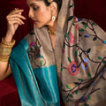 Grey Silk Saree with Multicolor Turquoise Banarasi Pallu