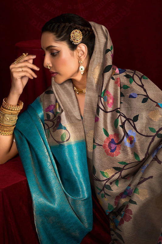 Grey Silk Saree with Multicolor Turquoise Banarasi Pallu
