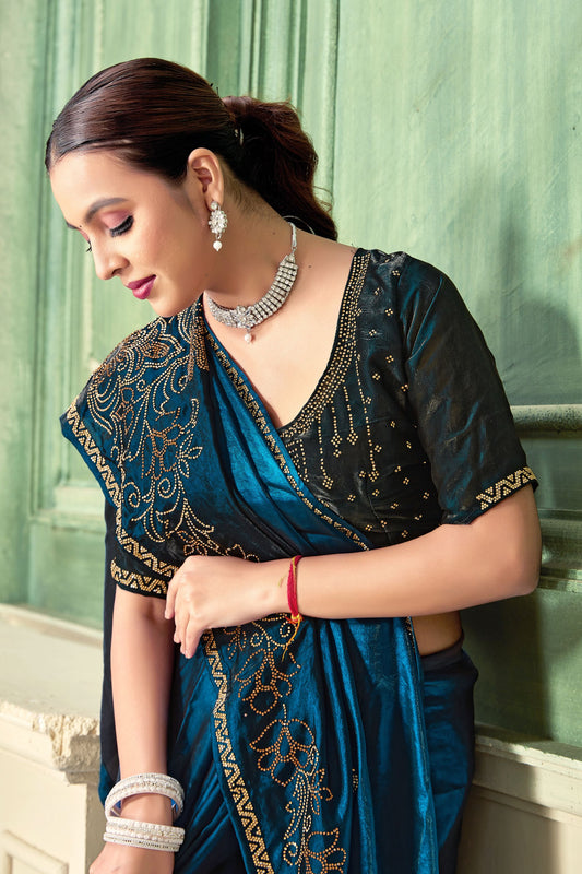 Teal Blue Black Embroidered Silk Saree with Designer Blouse