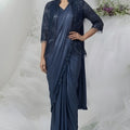 Navy Blue Ready to Wear Designer Saree Sequins Jacket Style Blouse