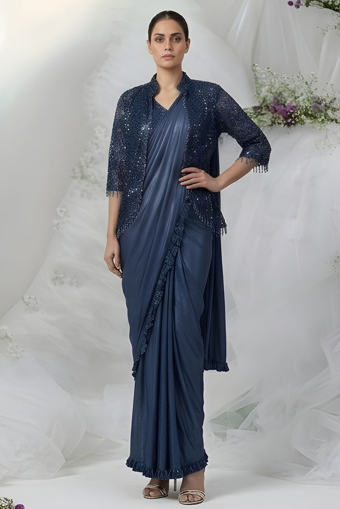 Navy Blue Ready to Wear Designer Saree Sequins Jacket Style Blouse