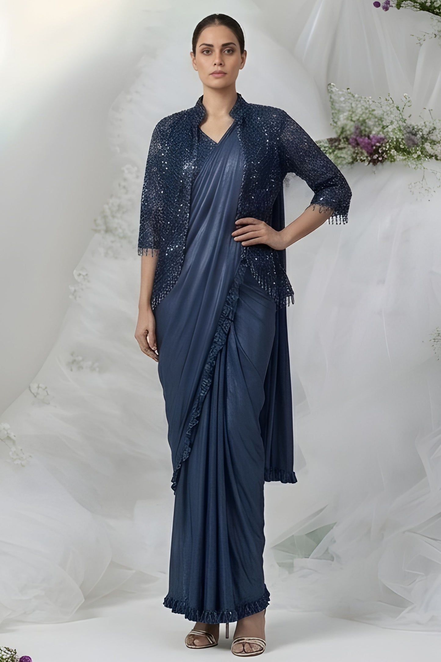 Navy Blue Ready to Wear Designer Saree Sequins Jacket Style Blouse