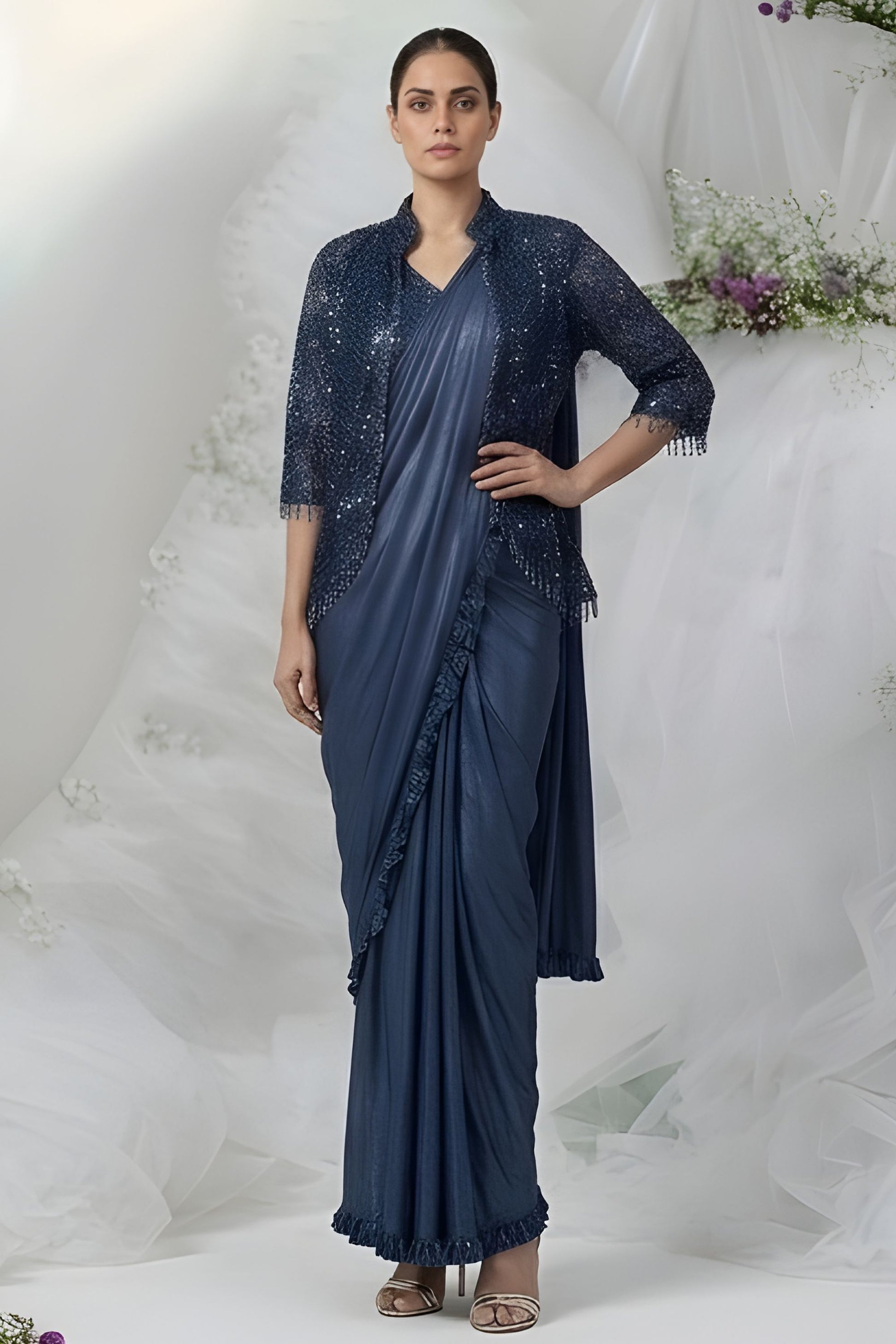 Navy Blue Ready to Wear Designer Saree Sequins Jacket Style Blouse