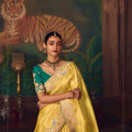 Mustard Yellow Silk Saree with Heavy Border and Green Contrast Blouse –