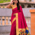 Rani Pink Cotton Silk Saree Golden Border Peacock Floral Designer Pallu