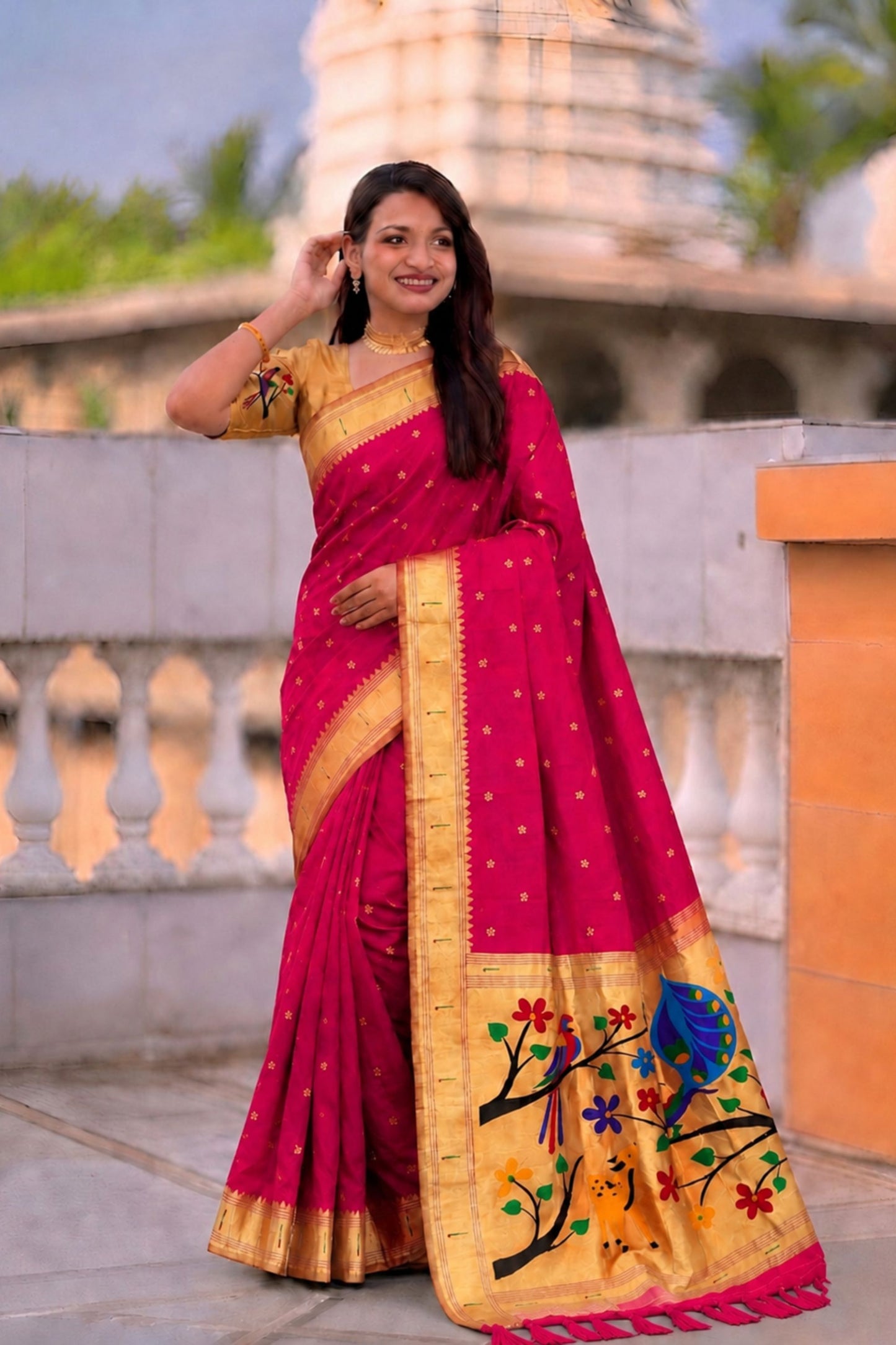 Rani Pink Cotton Silk Saree Golden Border Peacock Floral Designer Pallu