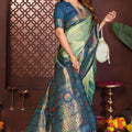 Elegant Sea Green Navy Blue Banarasi Silk Saree and Contrast Border