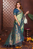 Elegant Sea Green Navy Blue Banarasi Silk Saree and Contrast Border