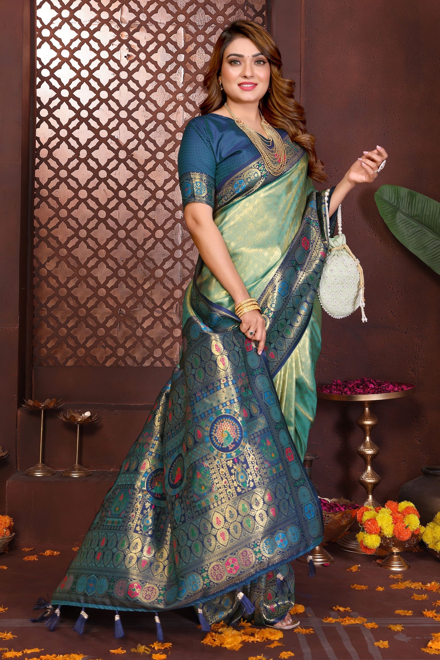 Elegant Sea Green Navy Blue Banarasi Silk Saree and Contrast Border