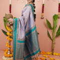 Lavender Silk Saree with Teal Woven Border Traditional Design