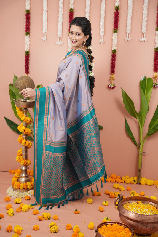 Lavender Silk Saree with Teal Woven Border Traditional Design