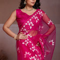 Rani Pink Embroidered Net Saree White Floral Sleeveless Designer Blouse