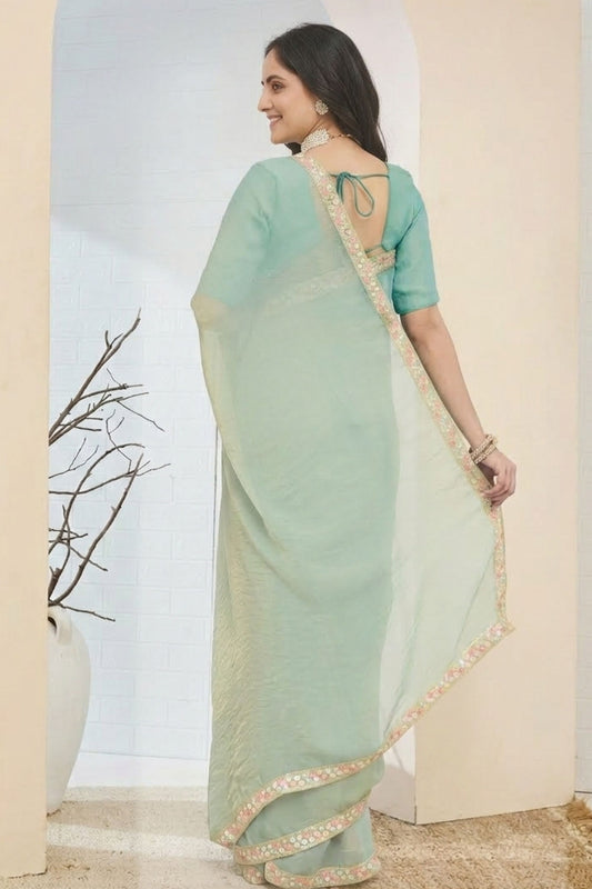 Mint Green Designer Saree Multicolor Embroidered Border Ready To Wear
