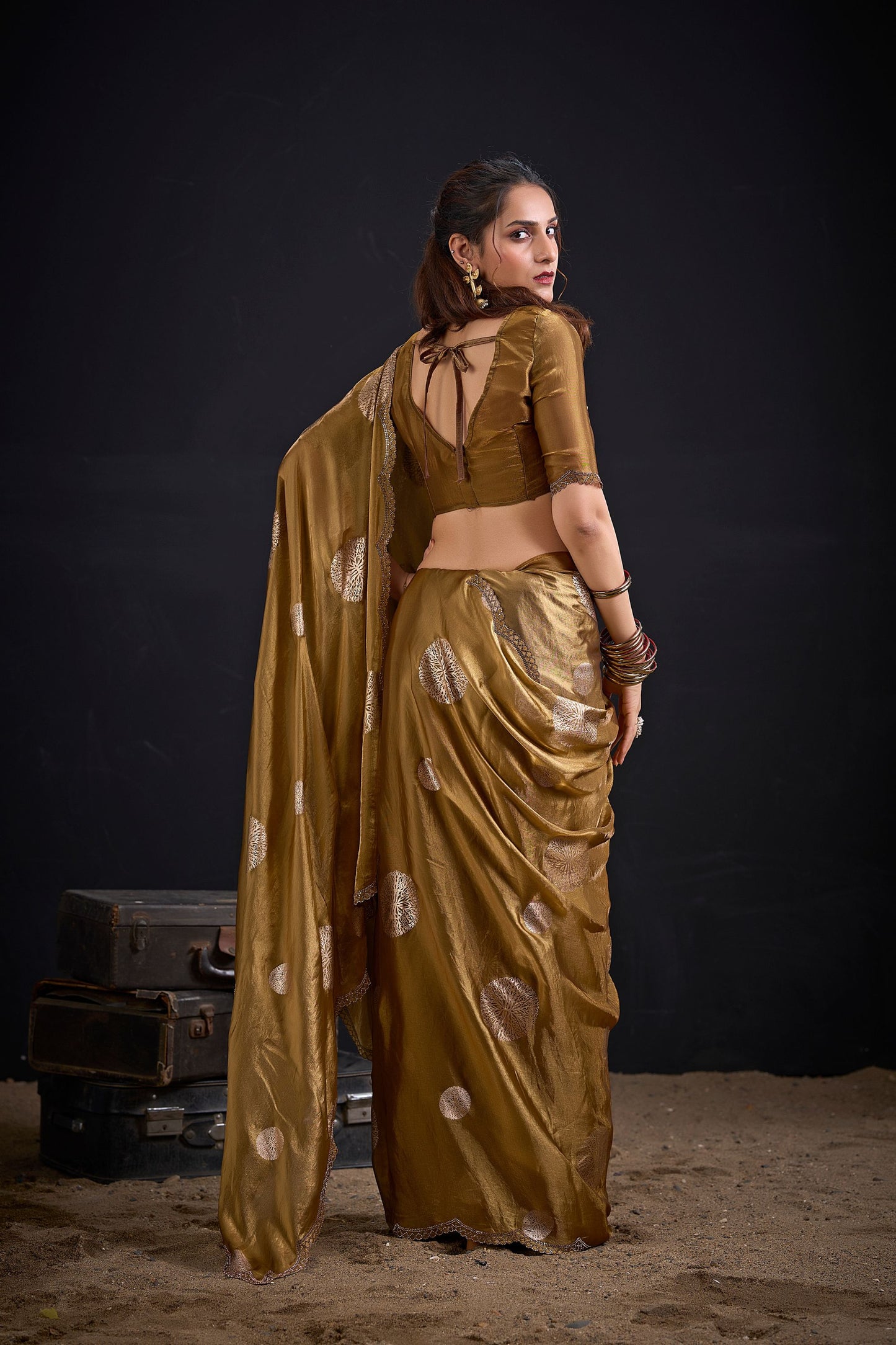 Rich Mustard Gold Tissue Silk Saree with Zari Polka Butti Work