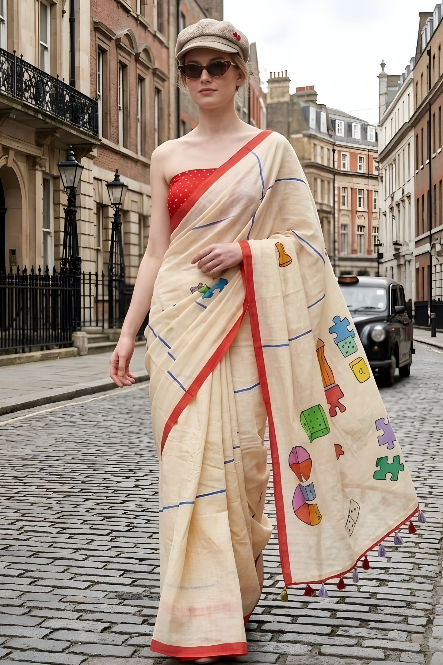 Off White Printed Saree with Red Border Trendy Casual Wear Designer Saree