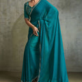 Teal Green Chiffon Saree with Zari Border Embroidered Blouse
