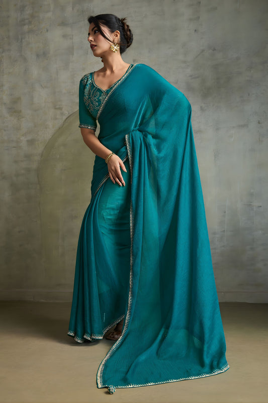Teal Green Chiffon Saree with Zari Border Embroidered Blouse