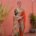 Traditional Orange Green Banarasi Silk Saree Zari Border Rich Designer Pallu