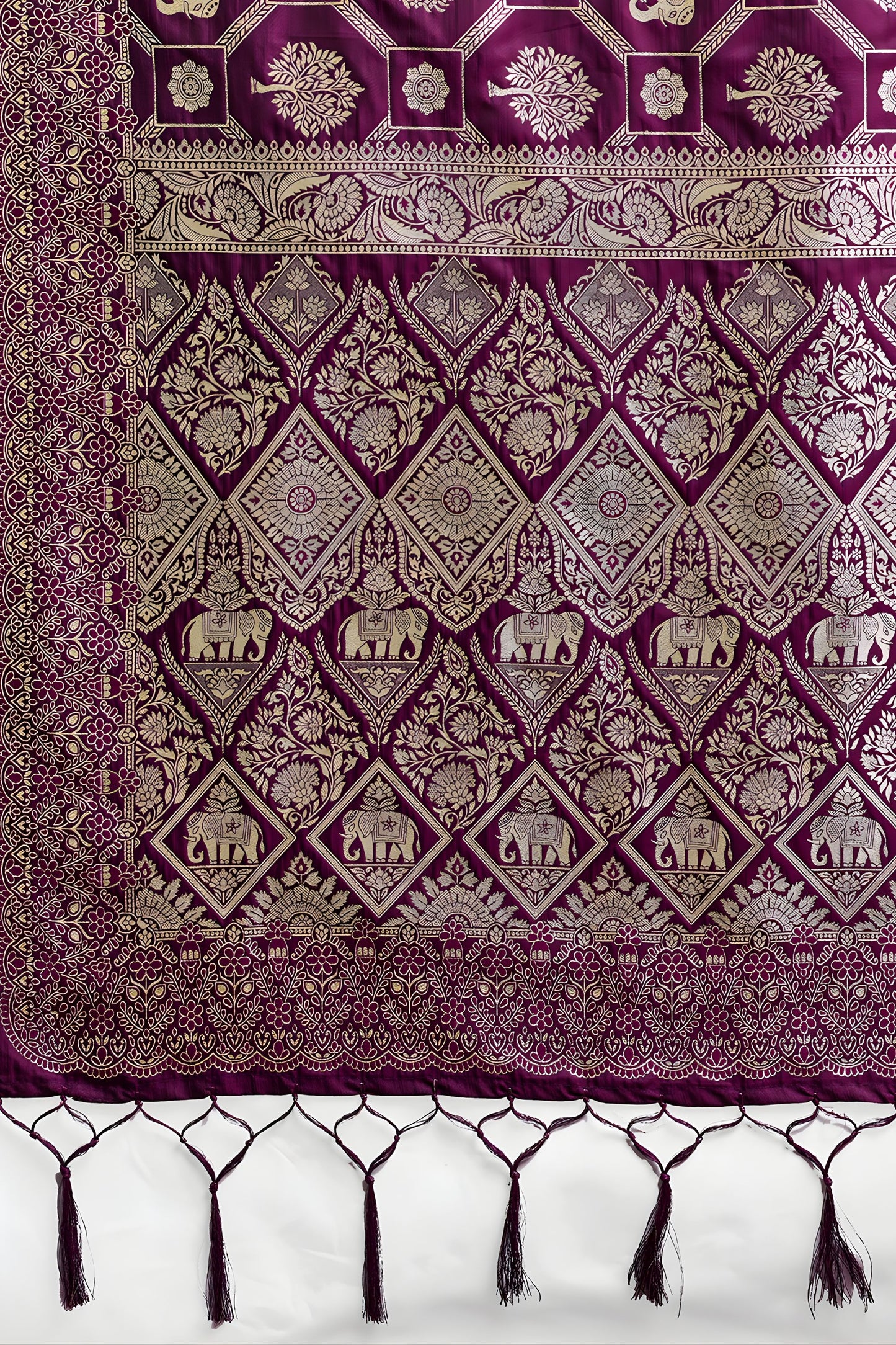 Luxury Wine Purple Banarasi Silk Saree Rich Gold Zari Weaving Traditional Motifs
