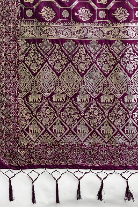 Luxury Wine Purple Banarasi Silk Saree Rich Gold Zari Weaving Traditional Motifs