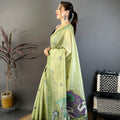 Pistachio Green Linen Cotton Saree Artistic Elephant Print Pallu