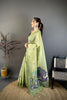 Pistachio Green Linen Cotton Saree Artistic Elephant Print Pallu