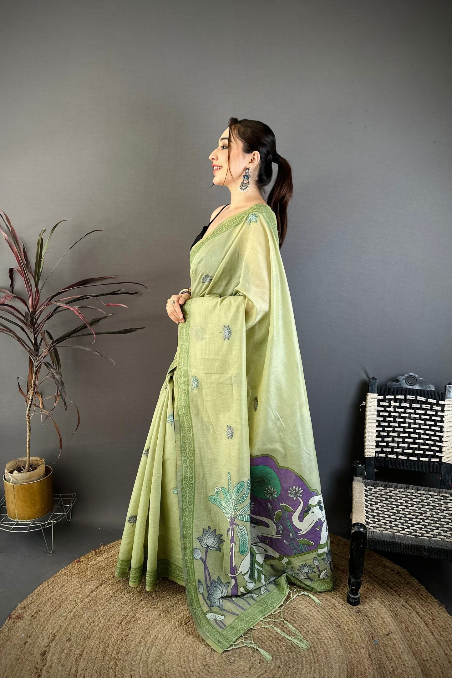 Pistachio Green Linen Cotton Saree Artistic Elephant Print Pallu