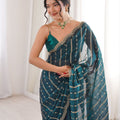 Teal Blue Organza Silk Saree Golden Zari Embroidery Designer Blouse