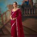Wine Red Embroidered Silk Saree with Zari Work Festive Wear
