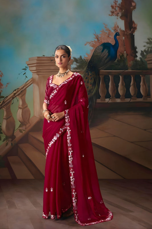 Wine Red Embroidered Silk Saree with Zari Work Festive Wear
