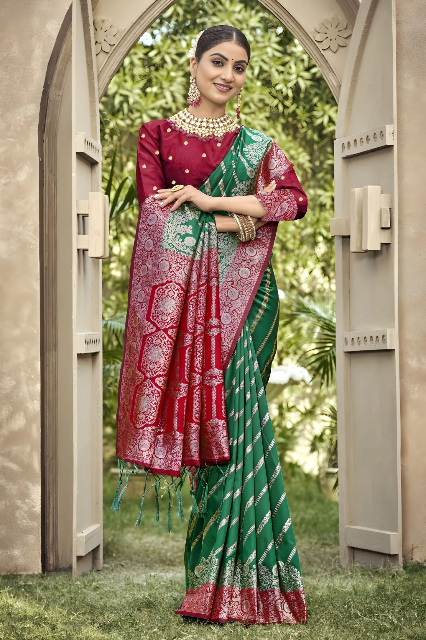 Green Banarasi Silk Saree Red Zari Border Traditional Saree