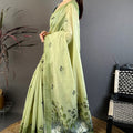Elegant Pistachio Green Linen Cotton Saree Floral Print Pallu
