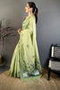 Elegant Pistachio Green Linen Cotton Saree Floral Print Pallu