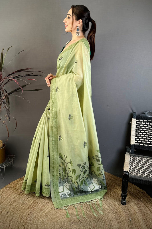 Elegant Pistachio Green Linen Cotton Saree Floral Print Pallu