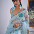 Designer Sky Blue Organza Saree with Floral Embroidery Party Saree