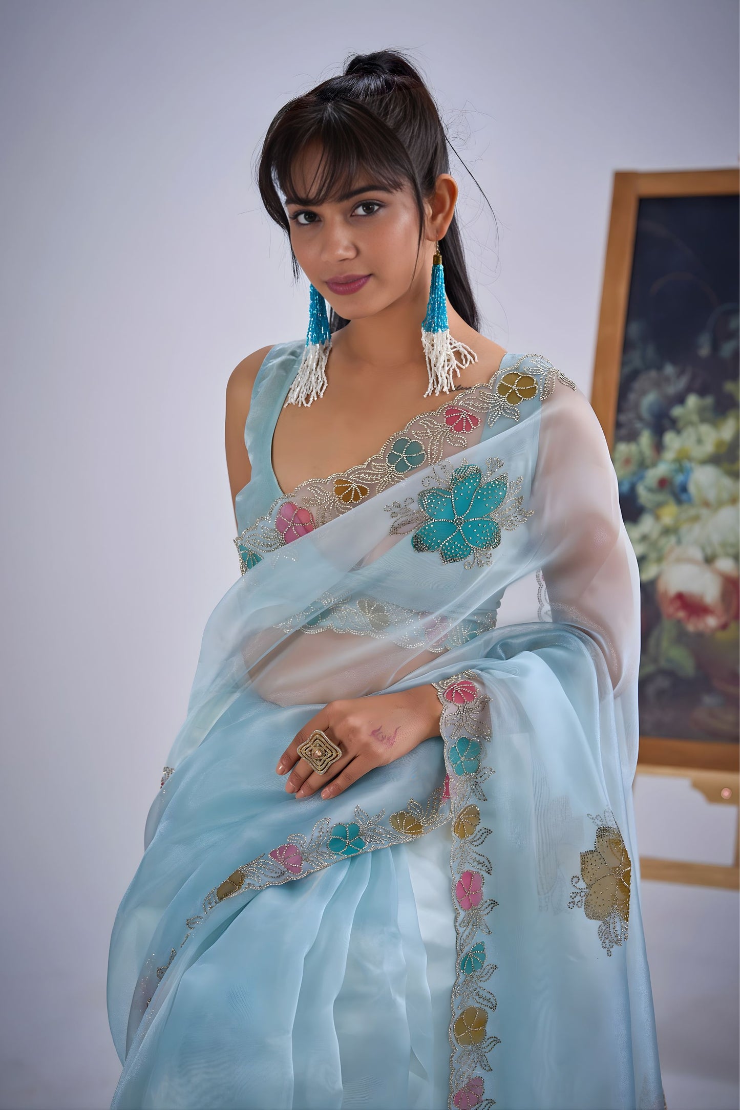 Designer Sky Blue Organza Saree with Floral Embroidery Party Saree