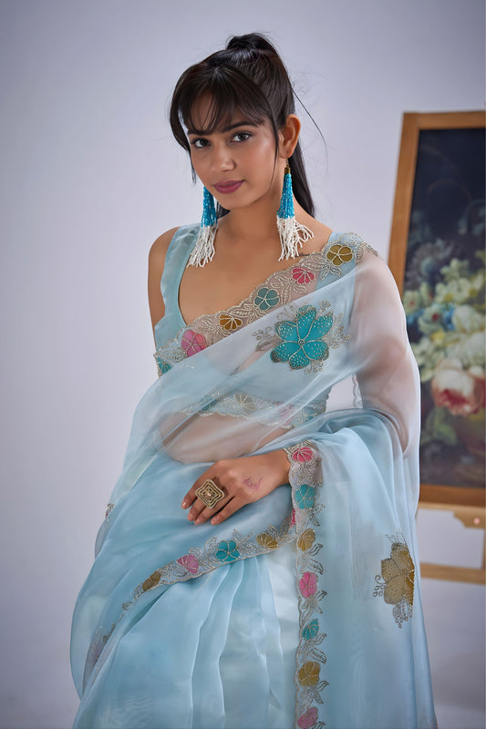 Designer Sky Blue Organza Saree with Floral Embroidery Party Saree