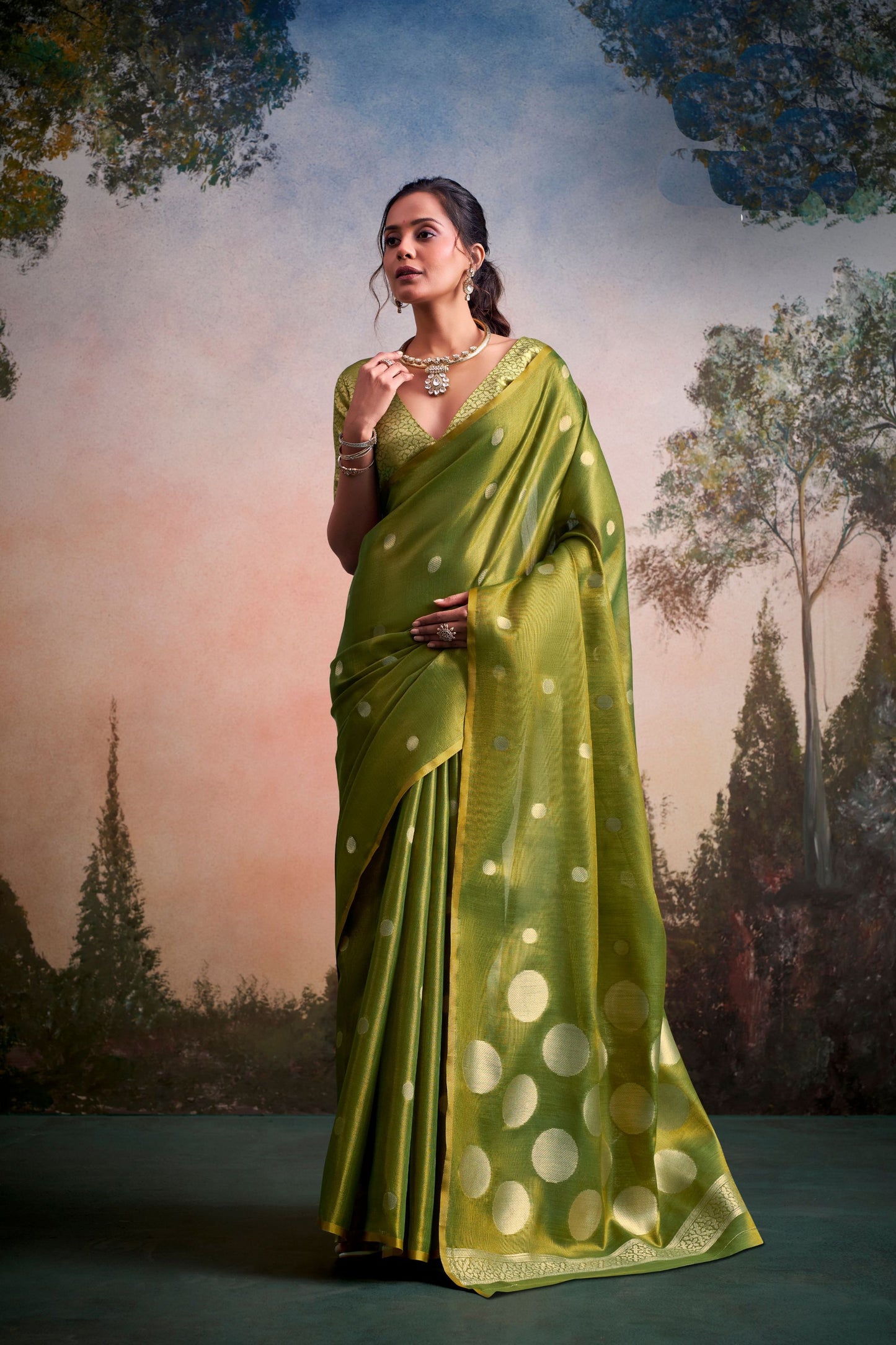 Olive Green Silk Saree with Zari Polka Dot Weaving Designer Saree