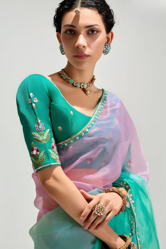 Sea Green Lavender Ombre Organza Saree with Designer Blouse