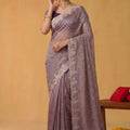 Lavender Organza Silk Saree Floral Embroidered Border Designer Blouse