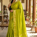  Lime Green Kanjivaram Silk Saree Gold Zari Border Motif Pallu