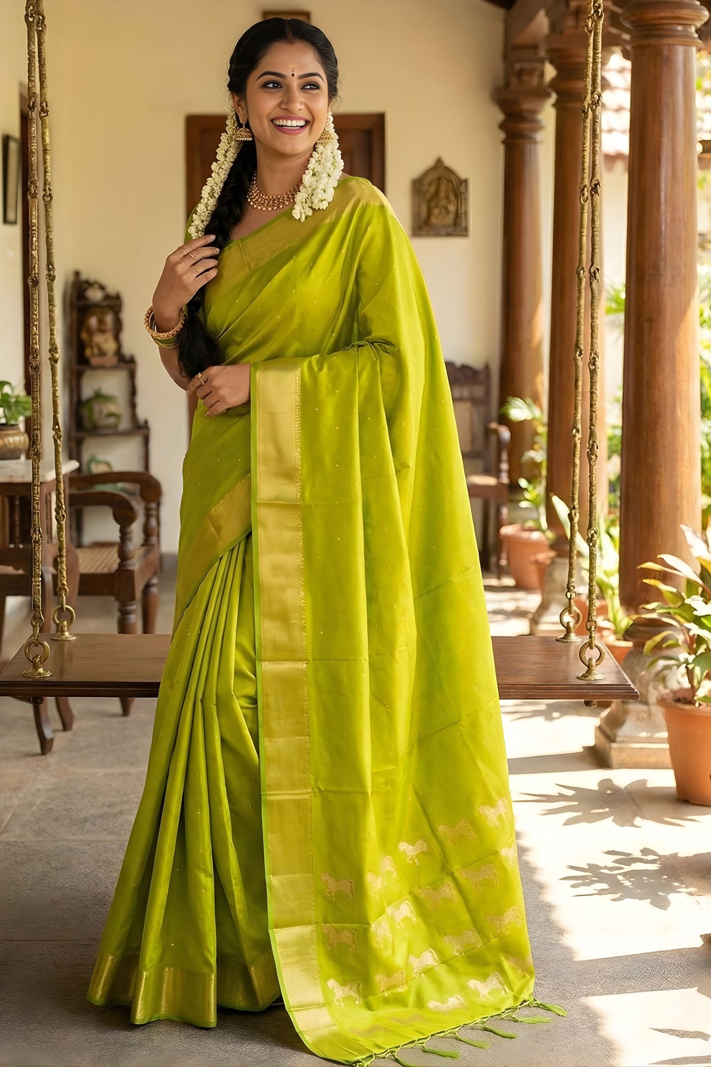  Lime Green Kanjivaram Silk Saree Gold Zari Border Motif Pallu