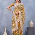 Mustard Yellow Floral Embroidered Net Saree with Designer Border