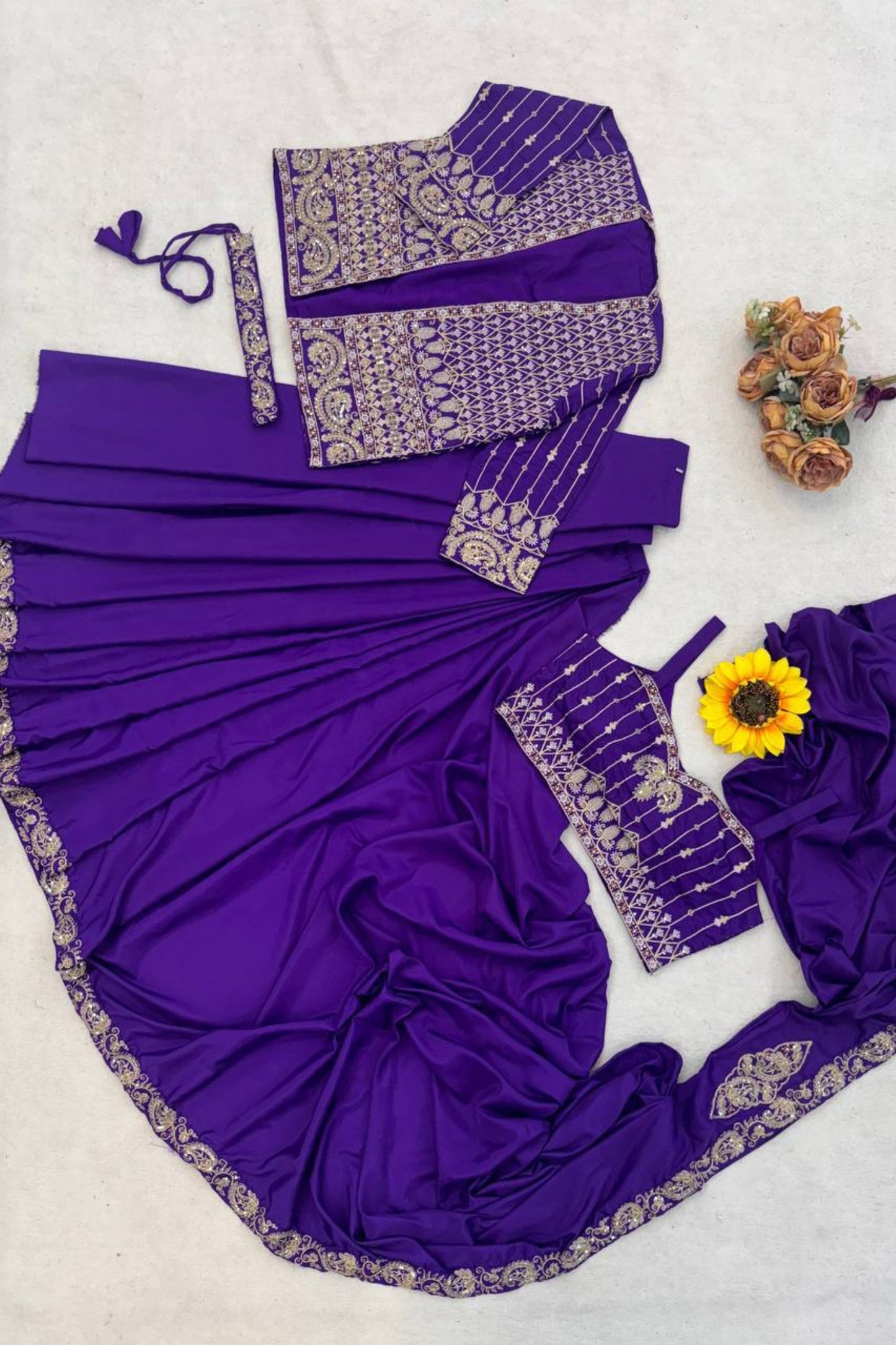 Purple Designer Saree Heavy Golden Embroidered Jacket Border