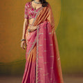 Pink Peach Banarasi Silk Saree Zari Woven Embroidered Border Readymade Blouse