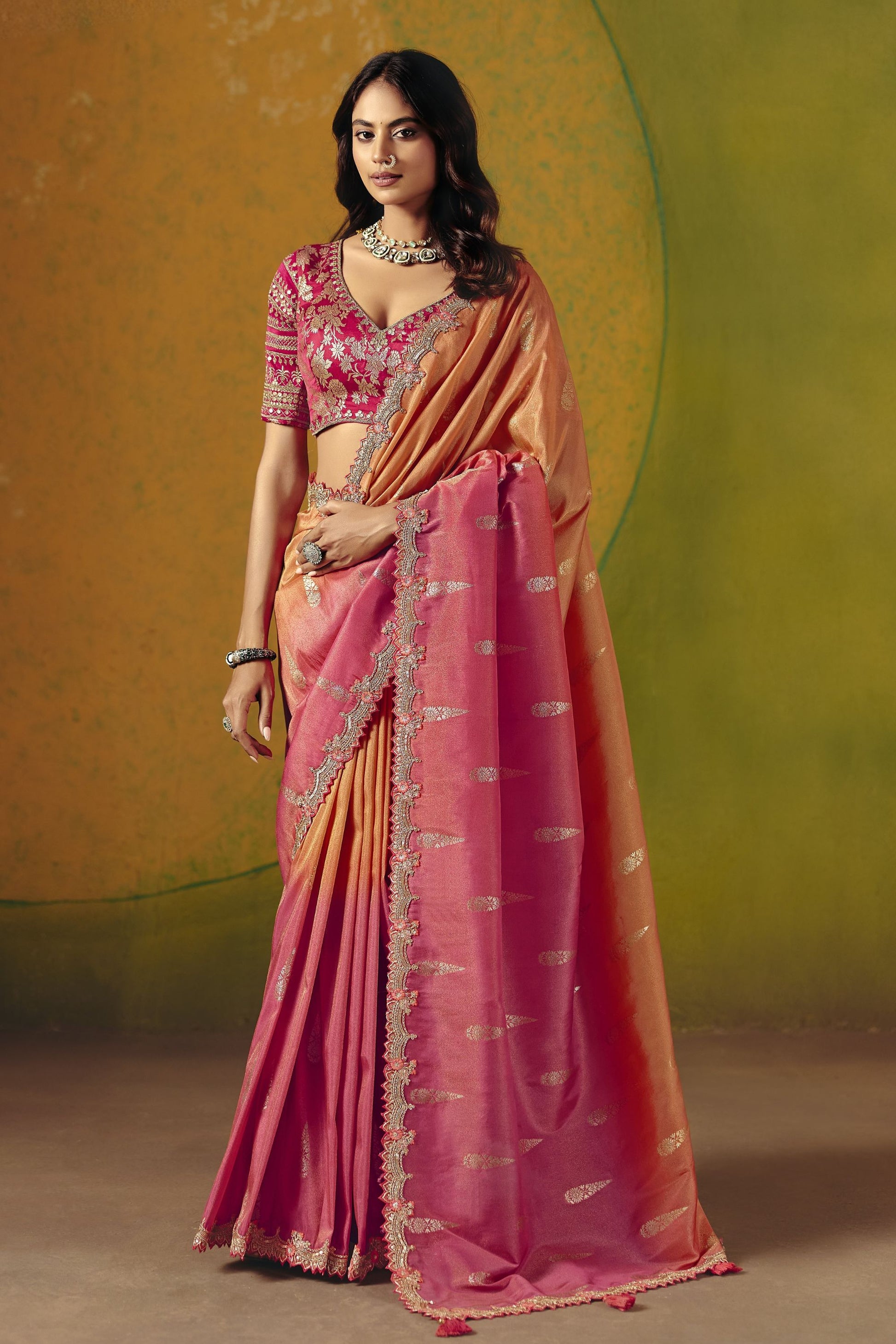 Pink Peach Banarasi Silk Saree Zari Woven Embroidered Border Readymade Blouse