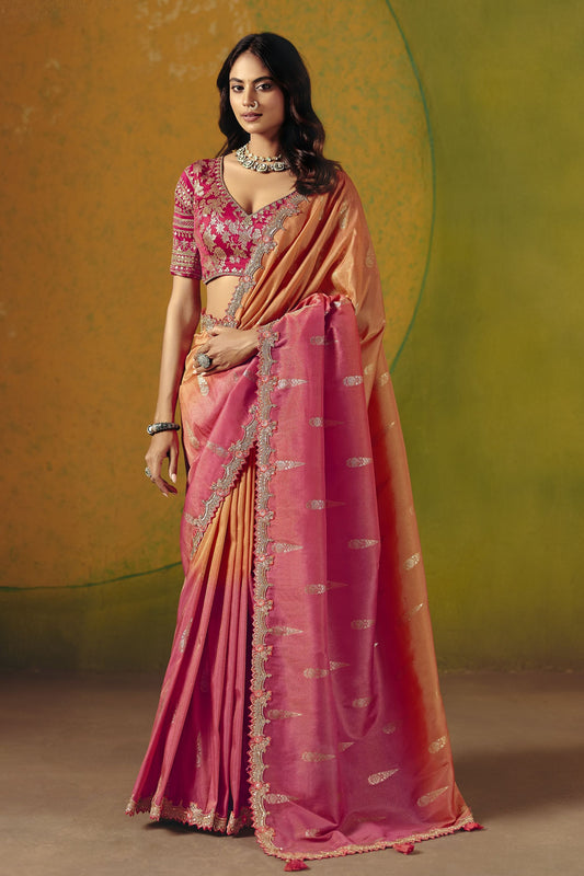 Pink Peach Banarasi Silk Saree Zari Woven Embroidered Border Readymade Blouse