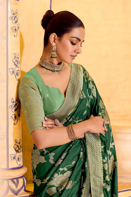 Green Banarasi Silk Saree with Golden Zari Contrast Blouse