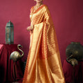 Peach Orange Banarasi Silk Saree Golden Zari Weaving Designer Blouse
