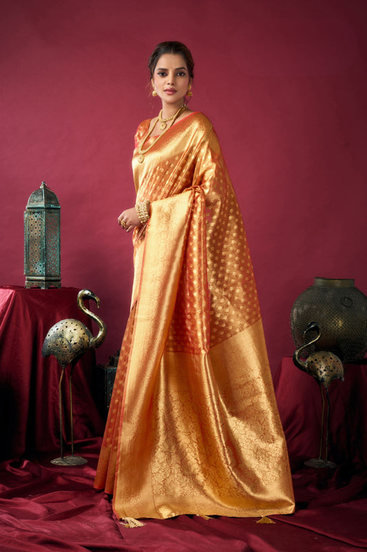 Peach Orange Banarasi Silk Saree Golden Zari Weaving Designer Blouse